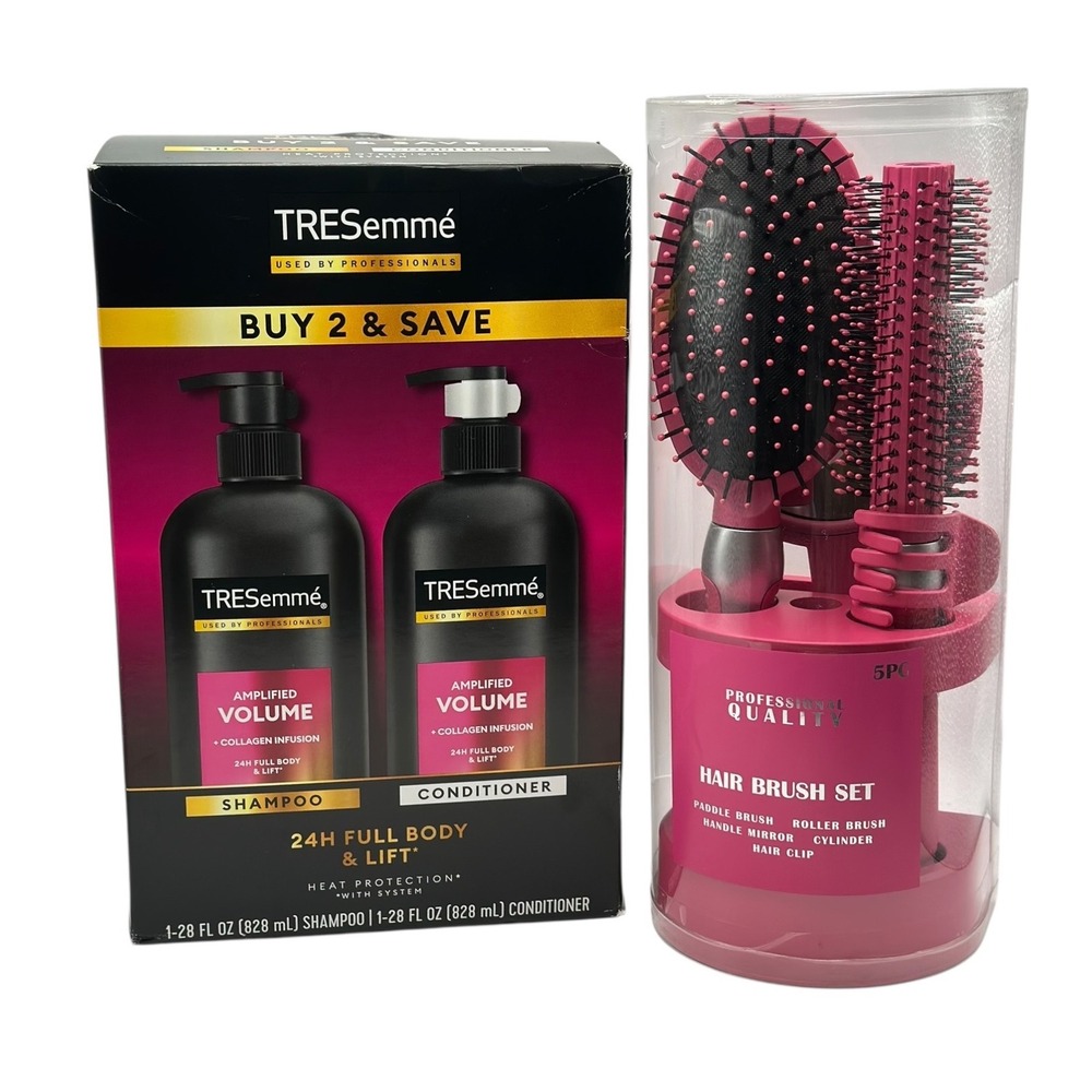 TRESemmé Amplified Volume Shampoo & Conditioner 28oz w/ Pink 5pc Hair Brush‎ Set